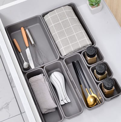 BukkitBow – Lade Organizer – Koelkast Organizer – Opbergbakjes – Lade Verdeler – Badkamer – Voor Keuken en Bureau - Make up Organizer – Set van 8 – Sorteerbakjes – Cosmetische Organisator – Bureau Opslag Bakje – Lade Organizer – Lade Organisator –
