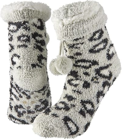 Apollo Huissokken/slofsokken + luipaard print - zwart - dames - anti-slip - fleece - one size - 36/41