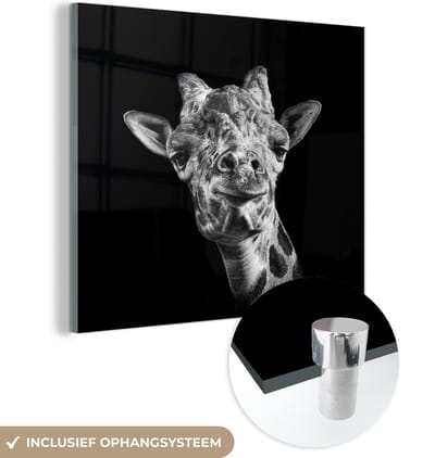 MuchoWow® Glasschilderij 50x50 cm - Schilderij acrylglas - Giraffe - Dier - Zwart - Wit - Foto op glas - Schilderijen
