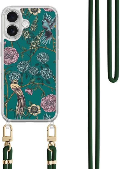 Hoesje met koord geschikt voor iPhone 16 - Vogels Japanse bloemen - Inclusief zwart koord - Crossbody beschermhoes - Transparant, Groen - Mooie Telefoonhoesjes
