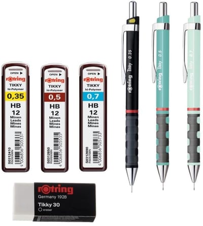 Set van 3 Precisie Vulpotloden met Navullingen en Gum | HB 0,34 mm, 0,5 mm, 0,7 mm | 40 stuks