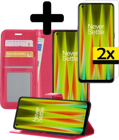 Hoesje - Met 2x Screenprotector - Geschikt voor OnePlus Nord CE 2 - Luxe Pasjeshouder - Bookcase Portemonee - Flip Case - Kunstleer Book Case - Flipcase Hoes - Book Cover - Walletcase - Portemonneehoes - Telefoonhoesjes - Donkerroze