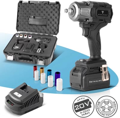 STAHLWERK ADS-880 ST accu-slagmoersleutel | 20 volt systeem | borstelloze technologie | accu-slagmoersleutel met 880 Nm | ½" inch dopsleutel | inclusief 4 17-22 mm doppen | accu en oplader