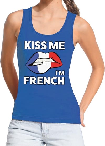 Kiss me I am French tanktop / mouwloos shirt blauw dames - feest shirts dames - Frankrijk kleding S