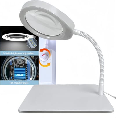 Vergrootglas met licht en standaard, 10x vergrootglas, flexibele zwanenhals, led-bureaulamp, handsfree voor knutselen, lezen, schilderen, hobby, dichtbij werken (wit)