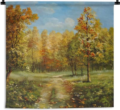 Wandkleed Bossen en bomen illustratie - Een illustratie van herfstachtige bomen in een bos Wandkleed katoen 120x120 cm - Wandtapijt met foto