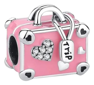 Fler® | Bedel | Past op populaire bedelarmbanden (standaard - 3mm) | Roze Koffer Bedel | Hangbedel Charm | 925 sterling zilver | Transparante zirkonia | Roze emaille | Valentijnsdag Cadeau | Sinterklaas kado | Kerstcadeau | Verjaardagsgeschenk