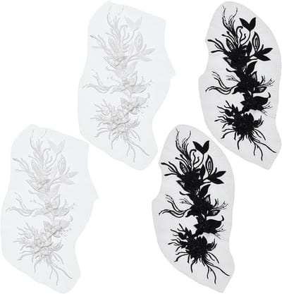 4 Stuks Bloem Borduur Applicaties 500x200mm Zwart & Wit Geborduurde Patches voor Bruiloft Decoratie, Kleding en Handgemaakte Ornamenten DIY