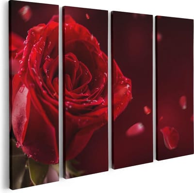 Artaza Canvas Schilderij Vierluik Romantische Rode Roos  - 80x60 - Foto Op Canvas - Canvas Print