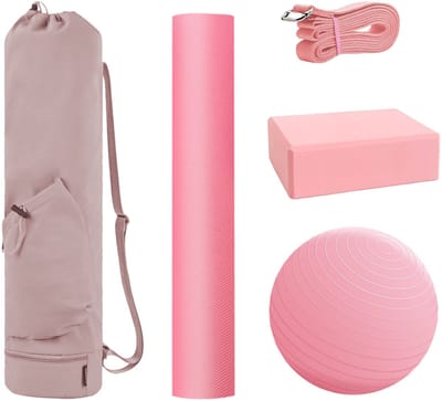 Yoga Starterset 5-Delig – Yogamat, Yogablok, Yogariem, Pilates Bal en Opbergtas – Roze Yoga Set voor Beginners
