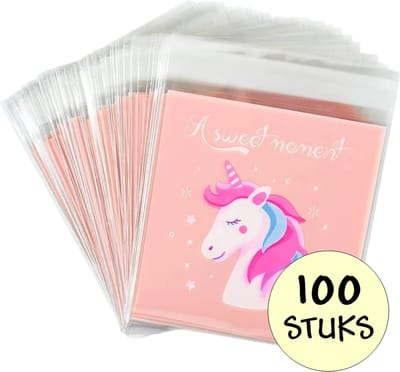 100x Cellofaan Unicorn Zakjes 10x10 cm - 100 Stuks Eenhoorn / Unicorn Uitdeelzakjes - Plastic Traktatie Kado Zakjes - Snoepzakjes - Kinderfeestje - Eenhoorn Print - 10x10 cm - 100 Stuks