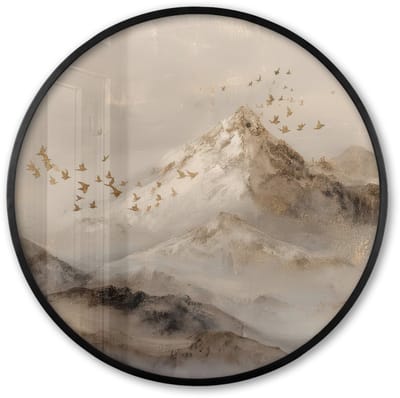 Poster in lijst Rond - Fotolijst 60x60 cm - Posters - Berglandschap - Mist - Penseelstreken - Ronde posterlijst zwart - Decoratie - Wanddecoratie woonkamer - Muurdecoratie slaapkamer