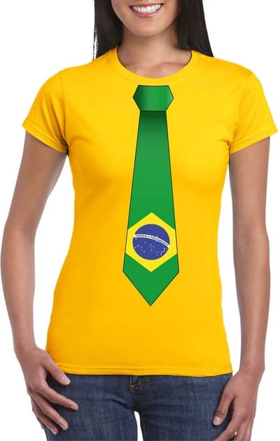 Geel t-shirt met Braziliaanse vlag stropdas dames - Brazilie supporter S