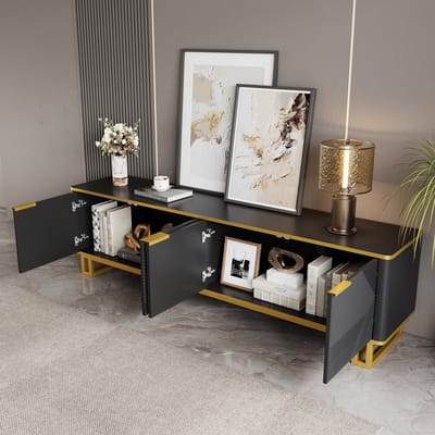 Tv meubel 160 x 37,5 x 48 cm - met vier deuren - tv-steun - tv-paneel - lage kast - geometrisch patroon - zwart