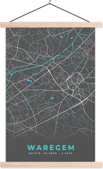 Posterhanger incl. Poster 40x60 cm - Schoolplaat - België – Waregem – Stadskaart – Kaart – Blauw – Plattegrond - Textielposter - Blanke latten - Stadskaart