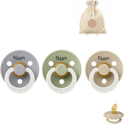 BIBS fopspenen anatomisch met naam - glow in the dark - maat 1 (0-6 maanden) Sage, cloud en vanilla glow in the dark