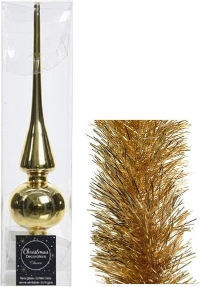 Kerstversiering glazen piek glans 26 cm en folieslingers pakket goud van 3x stuks - Kerstboomversiering