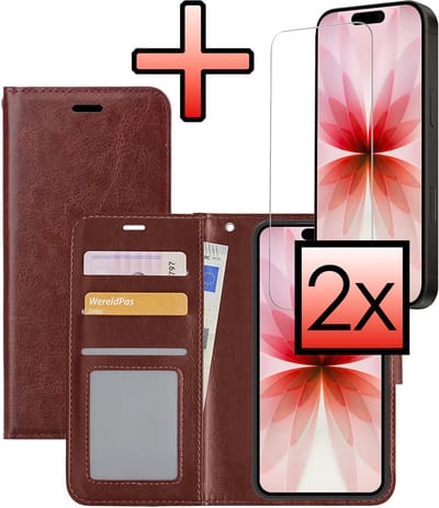 Hoesje - Met 2x Screenprotector - Geschikt voor Apple iPhone 17 - Luxe Pasjeshouder - Bookcase Portemonee - Flip Case - Kunstleer Book Case - Flipcase Hoes - Book Cover - Walletcase - Portemonneehoes - Bruin
