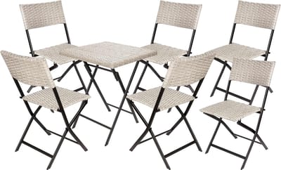 BRUBAKER Lugano Balkonset met tafel en 6 stoelen, weerbestendig, inklapbaar en ruimtebesparend, polyrotan balkonmeubelset, zitgroep voor balkon, terras, bistroset met klapstoelen, grijs/beige