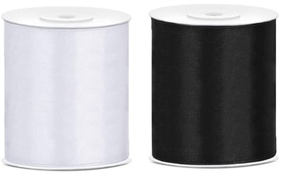 2x rollen satijnlint zwart-wit 10 cm x 25 meter - Hobby cadeaulint