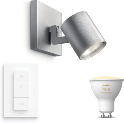 Philips Hue Runner Opbouwspot (Aluminium) - Warm tot Koelwit Licht - Incl. Hue Dimmer Switch - Wandspot of Plafondspot met 1 Lichtpunt - GU10 - Hue White Ambiance