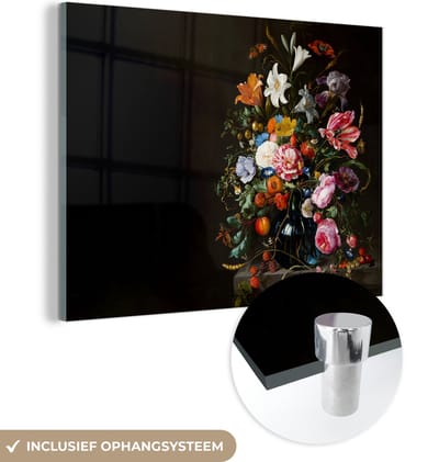 MuchoWow® Glasschilderij 120x90 cm - Schilderij acrylglas - Oude meesters - Kunst - Vaas met bloemen - Jan Davidsz de Heem - Foto op glas - Schilderijen