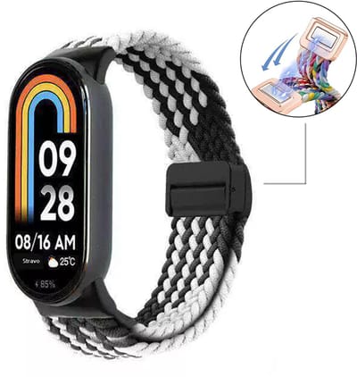 Stravo Elastisch Gevlochten Nylon Bandje met Magnetische Sluiting – Traploos Verstelbaar – Geschikt voor Xiaomi Smart Band 10 (Xiaomi Mi Band 10) / Xiaomi Smart Band 9 (Xiaomi Mi Band 9) / Xiaomi Smart Band 8 (Xiaomi Mi Band 8) – Zwart / Wit
