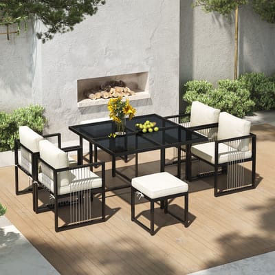 MIVRAY Tuinset 117 x 117 cm - 7-Delige Eetset Voor 6 Personen Met Gehard Glas - Voor Tuin En Terras - Metaal - Zwart+Wit