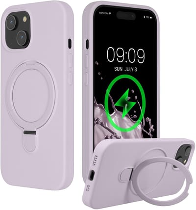 kwmobile Hoesje met Ringstandaard voor Apple iPhone 15 - Compatibel met MagSafe - Siliconen Beschermhoes met Microvezel Voering en Standaard - lavendel