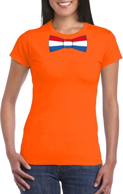Oranje t-shirt met Hollandse vlag strikje dames - Oranje Koningsdag/ Holland supporter kleding S