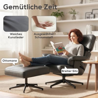 Relaxfauteuil Met Hocker Verstelbare Hoofdsteun Kunstleer Metalen Voet Met Armleuningen Voor Woonkamer En Ontspanning Zwart