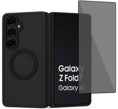 Hoesje + Privacy Screenprotector geschikt voor Samsung Galaxy Z Fold 7 Hoesje - Portemonnee Hoesje geschikt voor MagSafe - Magnetisch - Gehard Glas- Zwart