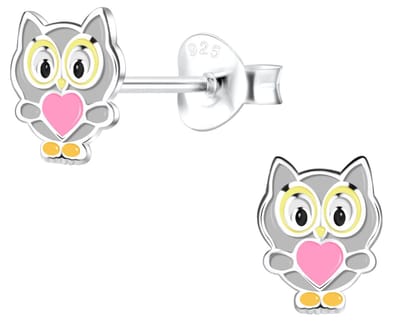 Joy|S - Zilveren uil oorbellen - met roze hartje - 6 x 7 mm oorknoppen - kinderoorbellen