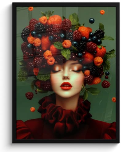 Poster in lijst - Fotolijst 50x70 cm - Posters - Vrouw - Aardbeien - Frambozen - Bramen - Bessen - Posterlijst zwart - Decoratie - Wanddecoratie woonkamer - Muurdecoratie slaapkamer