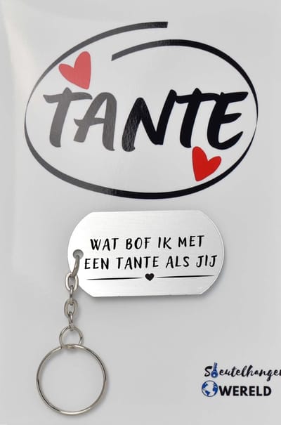 Wat bof ik met een tante als jij Sleutelhanger inclusief kaart - tante cadeau - cadeaupakket - verjaardag - Leuk kado voor je tante om te geven - 2.9 x 5.4CM