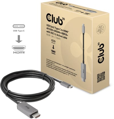 Club 3D USB-C® naar HDMI™ 4K120Hz 8K60Hz HDR10 met DSC1.2 actieve kabel M/M 3m / 9.84ft