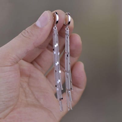 Boucles d'oreilles pendantes coréennes brillantes à longues pampilles scintillantes pour femmes, boucles d'oreilles pendantes à longue chaîne, cadeaux de fête de mariage argenté