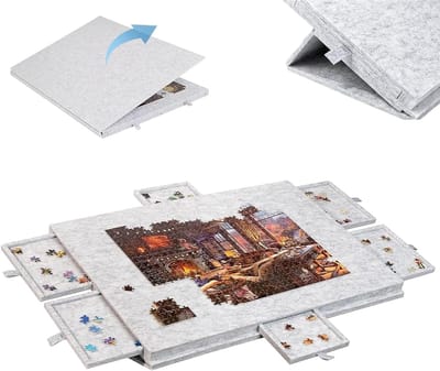Kantelbare Puzzeltafel - Puzzelbord Opbergvakken - Puzzels Sorteren - Inclusief Standaard & Deksel - 40 x 30 cm - Grijs