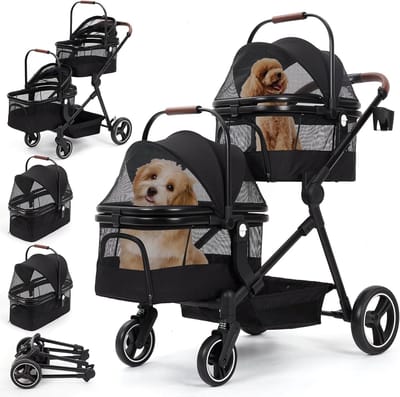 Opvouwbare dubbeldeks hondenbuggy tot 22 kg – honden- en kattenbuggy met gaasramen, bekerhouder, opbergruimte, éénpedaalrem, ideaal voor twee kleine honden of katten