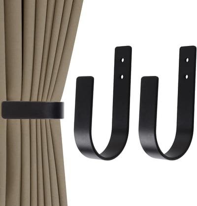 Luxe Gordijnhouders 2-Pack - Moderne U-Vormige Gordijnhaken - Zwart Massief Aluminium - Roestvrij & Duurzaam - Inclusief Montagemateriaal - Gordijnhaak voor Wandmontage - 6.5x3.1cm