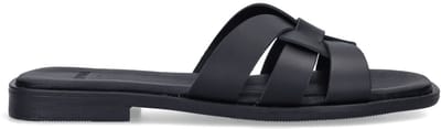 Manfield - Dames - Zwarte leren slippers - Maat 39