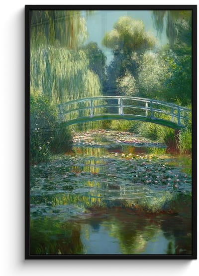 Poster in lijst - Fotolijst 80x120 cm - Posters - Brug - Hout - Vijver - Waterlelies - Posterlijst zwart - Decoratie - Wanddecoratie woonkamer - Muurdecoratie slaapkamer