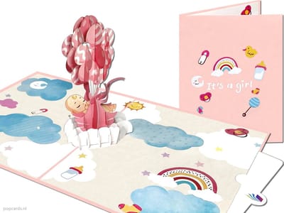 Popcards pop-up kaarten – Baby Meisje met Roze Ballonnen Geboortekaart pop-up kaart 3D wenskaart