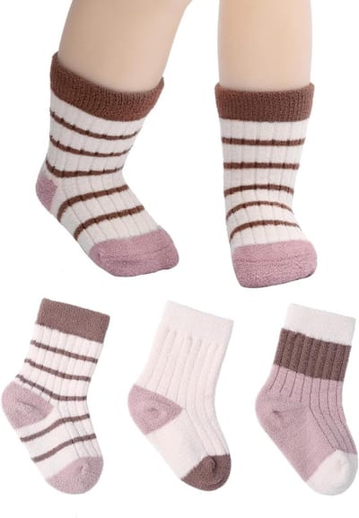 3 Pack Meisjes Sokken voor Peuters - Warme Crew Sokken van Katoen voor 6-12 Maanden, Roze, Comfortabel en Ademend