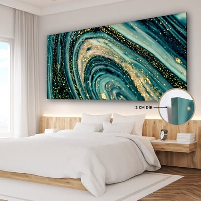 Canvas schilderij 160x80 cm - Wanddecoratie Marmerlook - Luxe - Goud - Turquoise - Glitter - Muurdecoratie woonkamer - Slaapkamer decoratie - Kamer accessoires - Schilderijen op canvas
