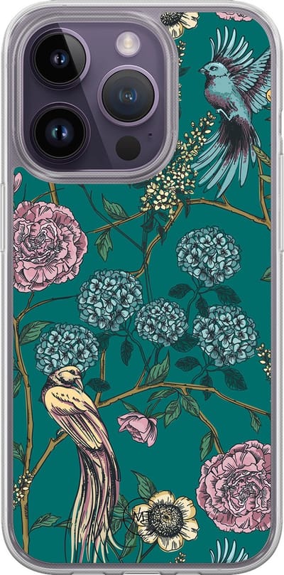 Hybride hoesje geschikt voor iPhone 15 Pro - Vogels Japanse bloemen - Extra bescherming - Luxe beschermhoes - TPU case - Transparant, Grijs, Groen - Mooie Telefoonhoesjes