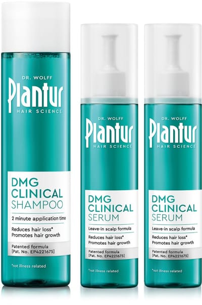Plantur DMG Clinical Set – Shampoo 250 ml + 2× Serum 125 ml – Complete verzorging tegen haaruitval – Met DMG & cafeïne – Dagelijkse hoofdhuidverzorging – Voor vrouwen