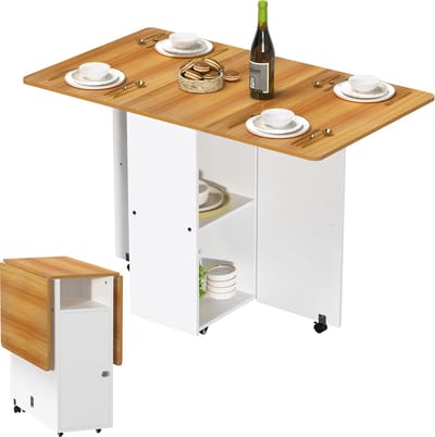 PIPIPOXER-Opklapbare Eettafel, keukentafel met wieltjes, opklapbare vleugels, multifunctionele bijzettafel voor werk, eiken