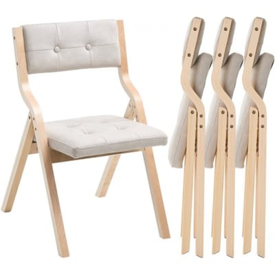VEVOR Opvouwbare tuinstoel met gevoerd kussen en houten frame, set van 4, moderne eetkamerstoel voor keuken, kantoor, feest, keukenstoel, draagvermogen tot 180 kg (per stuk), opvouwbaar, beige + wit, ruimtebesparend