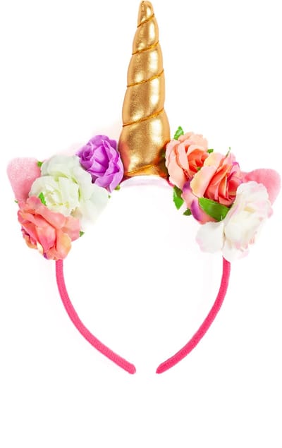 KIMU® Eenhoorn Haarband Bloemetjes Roze Band Goud - Unicorn Diadeem Met Oortjes en Bloemen - Gouden Hoorn Paarse Roze Bloemen Festival